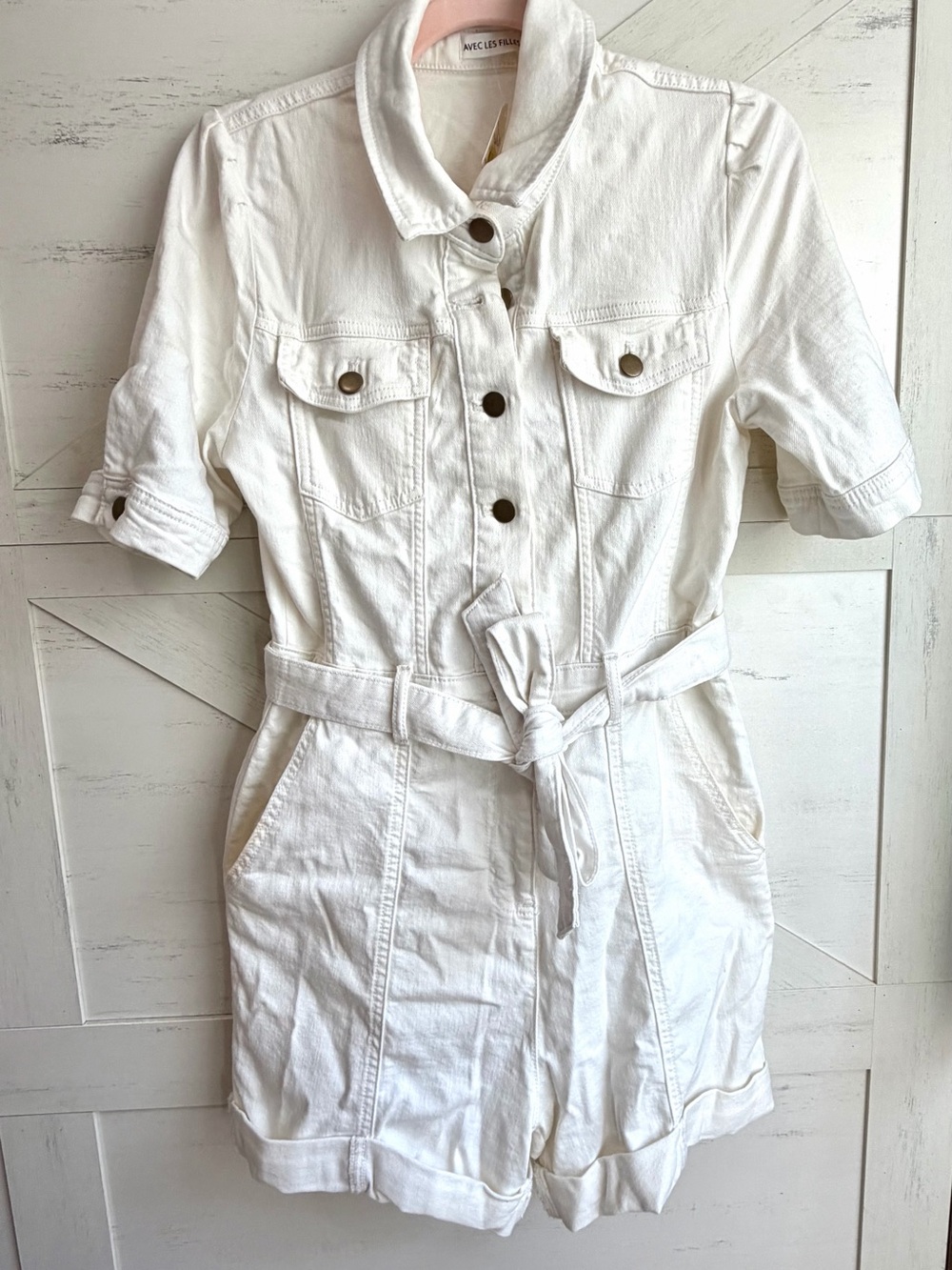 Avec Les Filles Ivory Top with Crew Neck Romper soft jeans material not see thru